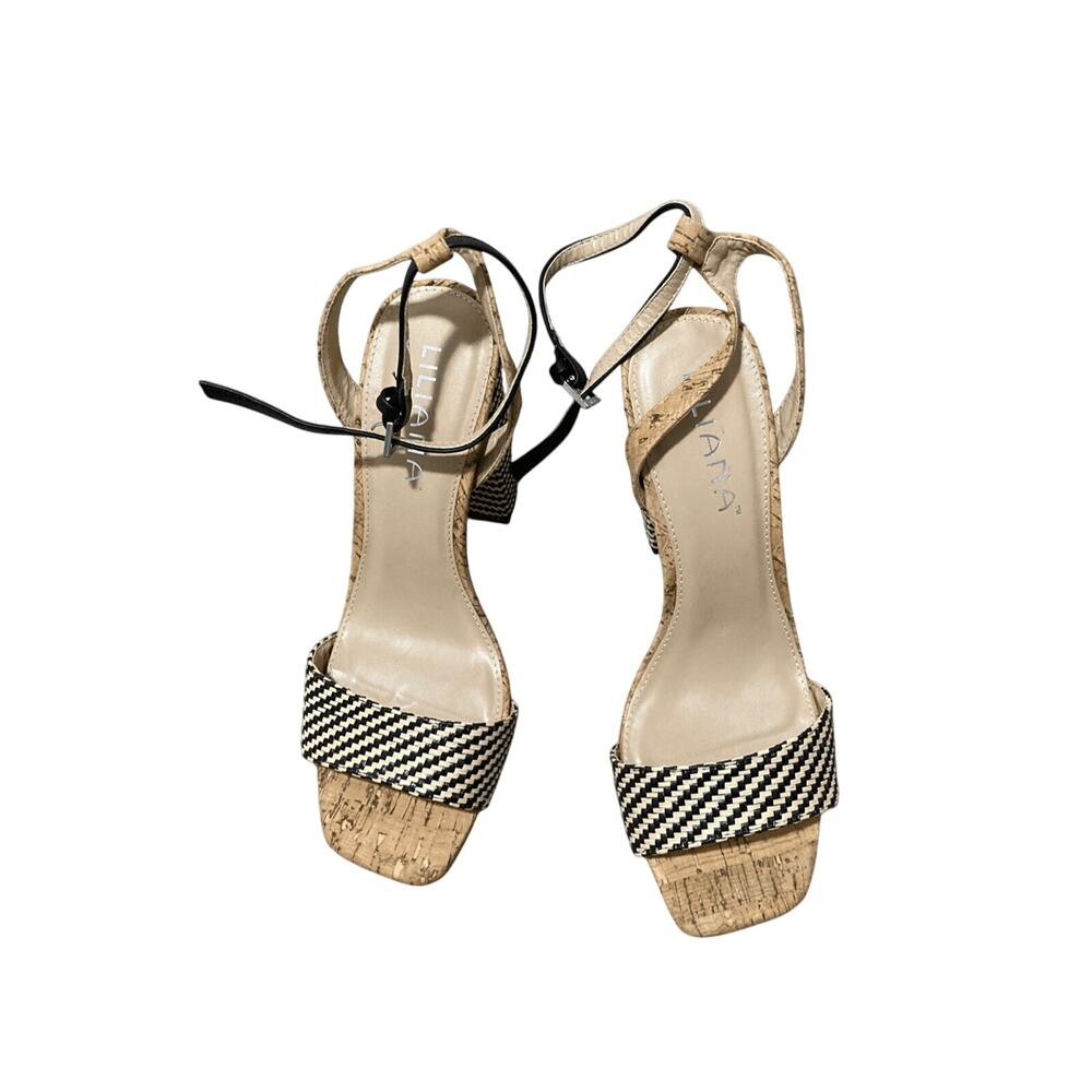 Liliana SZ 7 Cork Striped Block Monochromatic Open Toed Heels Preppy Minimalist